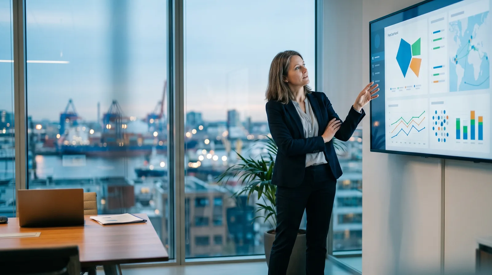 A DPA reviewing fleet safety on a wall-mounted dashboard in a shore office overlooking the port