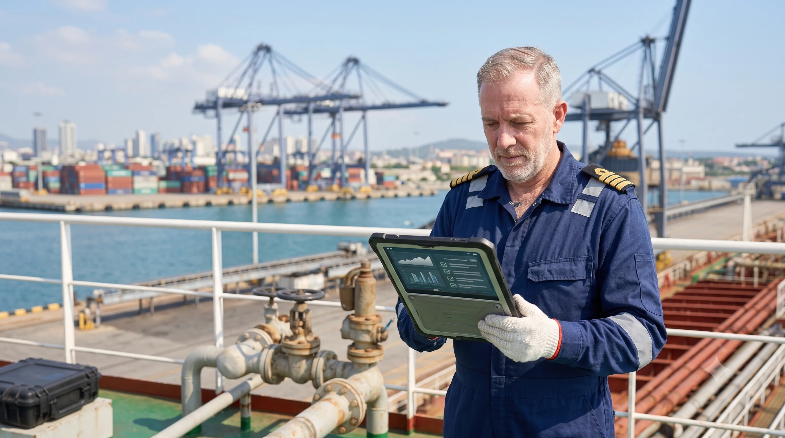 Ship captain using a tablet in the wheelhouse at sea